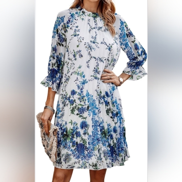 Floral Pleated Chiffon Dress Blue Puff Sleeve Sz Large by ePretty - Picture 1 of 9